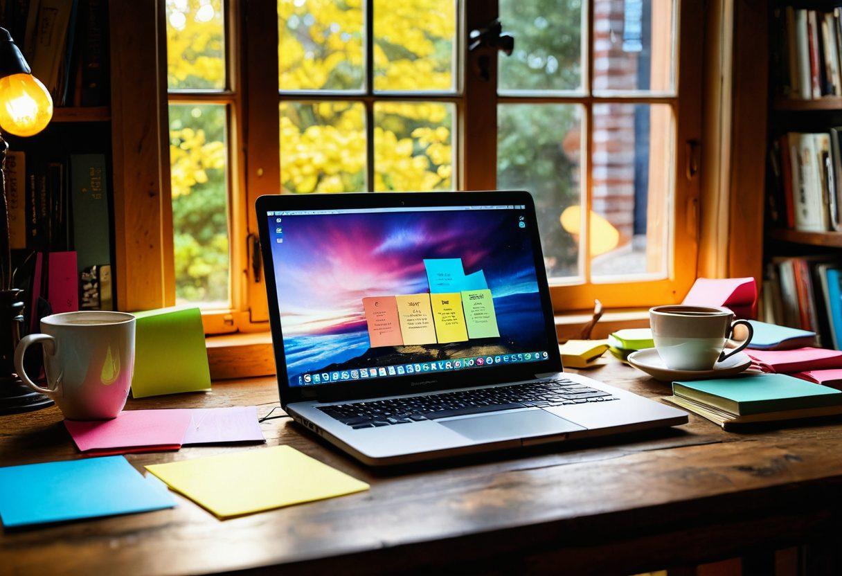 A vibrant laptop open on a wooden desk, surrounded by colorful sticky notes filled with creative ideas, a steaming cup of coffee, and a warm light illuminating the scene. In the background, bookshelves filled with insightful books, and a window showing a bright, sunny day. The atmosphere should feel inspiring and productive. super-realistic. vibrant colors. warm tones.