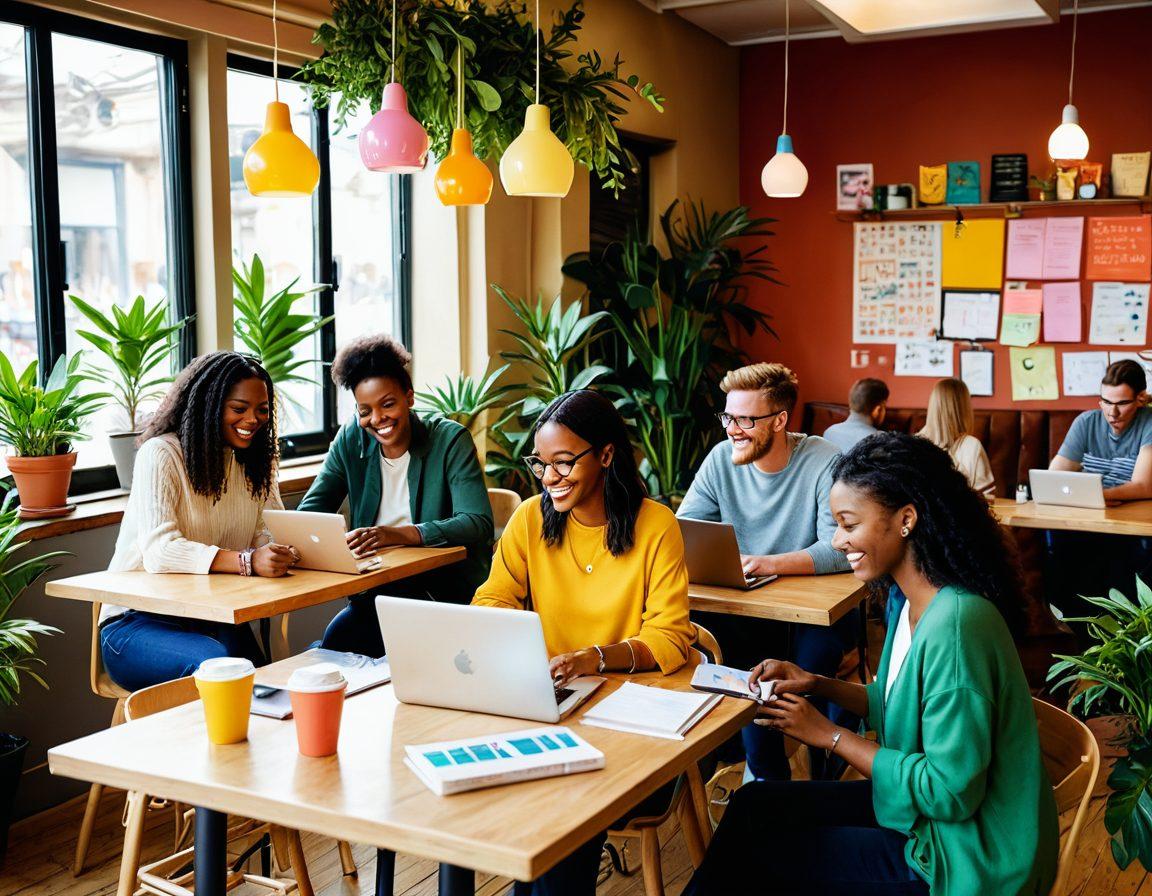 A diverse group of people gathered in a cozy café, each working on laptops with colorful notes scattered on the tables. They are sharing ideas, laughing, and engaging in conversation about blogging, surrounded by vibrant plants and artistic decor. The atmosphere radiates collaboration and creativity, highlighting the joy of joining a community. warm colors. 3D. lively illustration.
